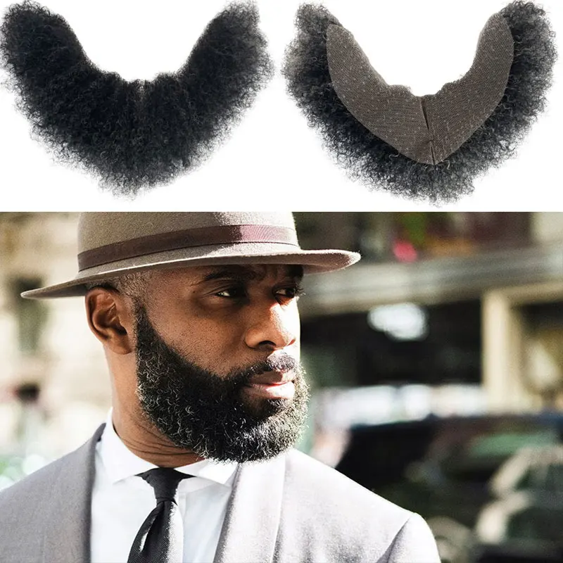 

Human Hair Afro Curl Face Beard Mustache For American Black Men Realistic Makeup Swiss Lace Base Replace System 12 * 3Inch