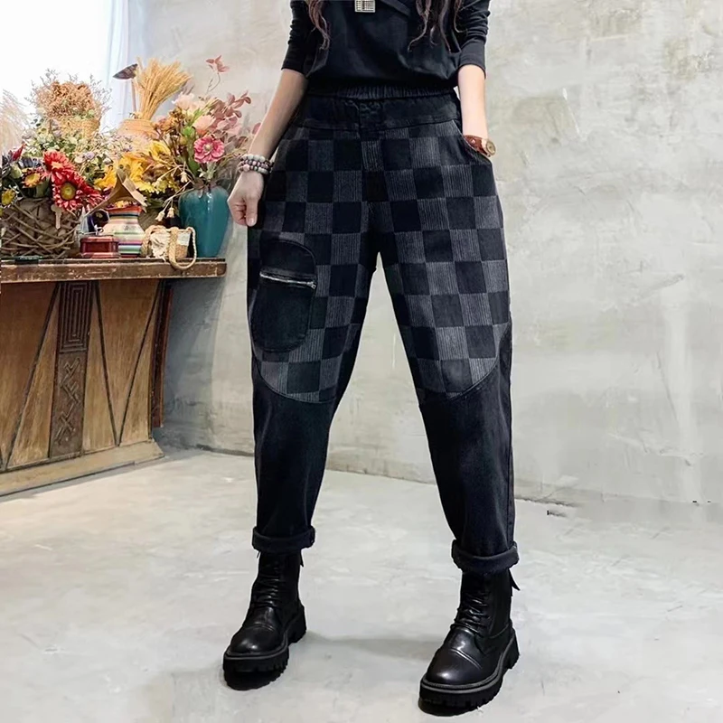 New Arrival 2022 Spring Autumn New Arts Style Women Elastic Waist Patchwork plaid Vintage Jeans Cotton Denim Harem Pants V878
New Arrival 2022 Spring Autumn New Arts Style Women Elastic Waist Patchwork plaid Vintage Jeans Cotton Denim Harem Pants V878