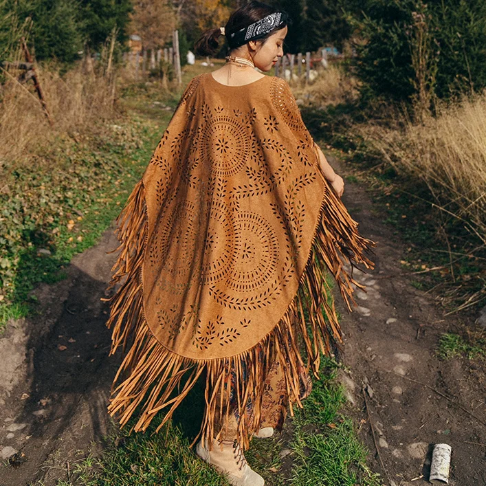 

TEELYNN Fringe Camel Suede Shawl Women Cloak Vintage Floral Lace Hollow Out Capes Autumn Bohemian Cardigan Boho Robe Ponchos