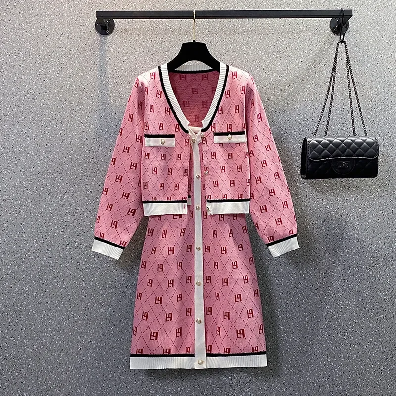 Женский винтажный Трикотажный костюм, комплект из 2 предметов, свитер, кардиган и платье, Осень-зима