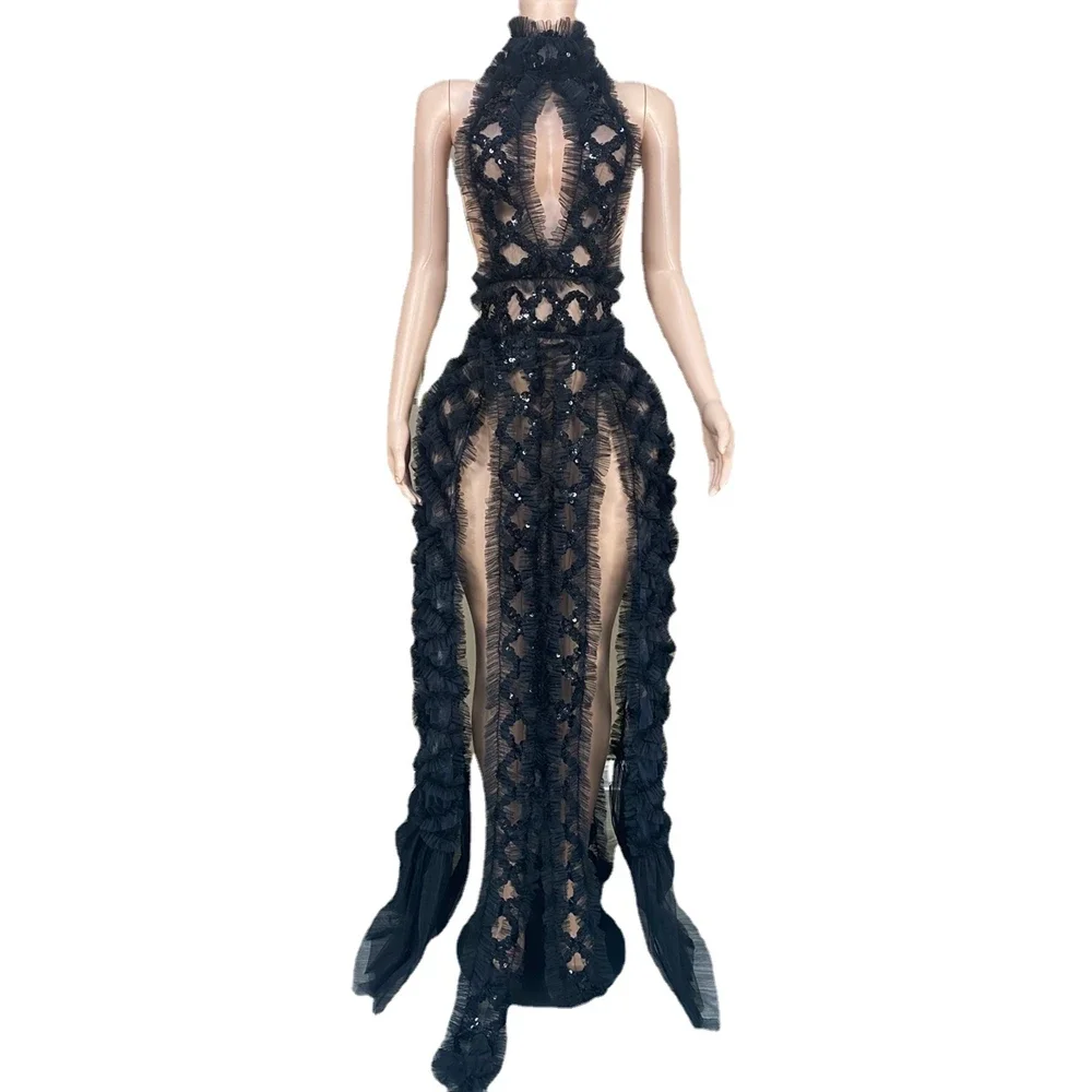 

Sexy Blackless Mesh Sequins Party Birthday Dress Prom Pregnant Photo Shoot Wear Women High Slit Performance Costume Show Wear