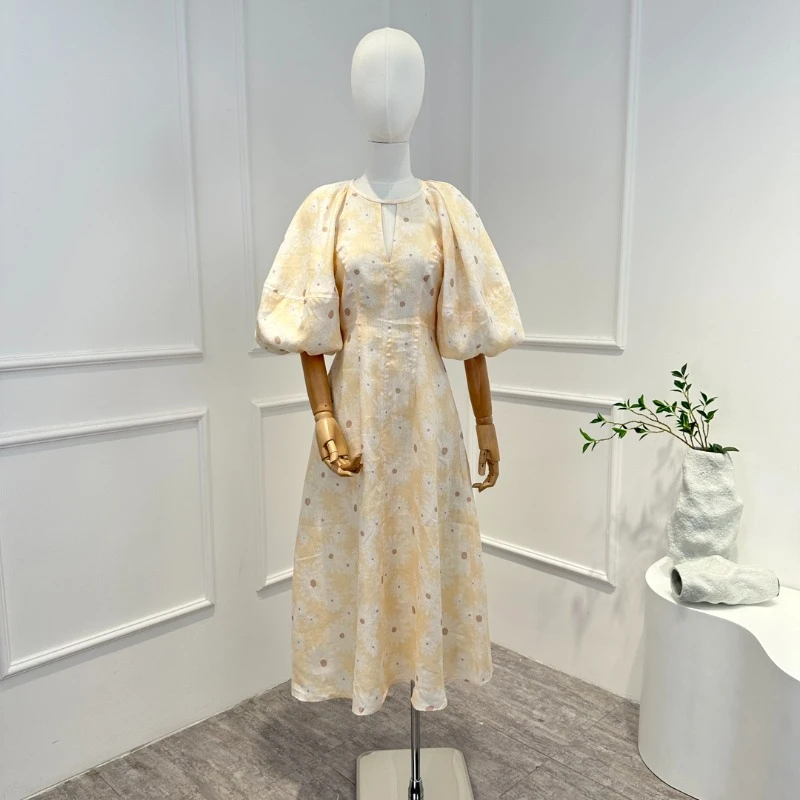 

Women 2023 New Arrival Spring Summer Lantern Sleeve High Quality Linen Light Yellow Midi Dress Front Key Hole Daily Oufit