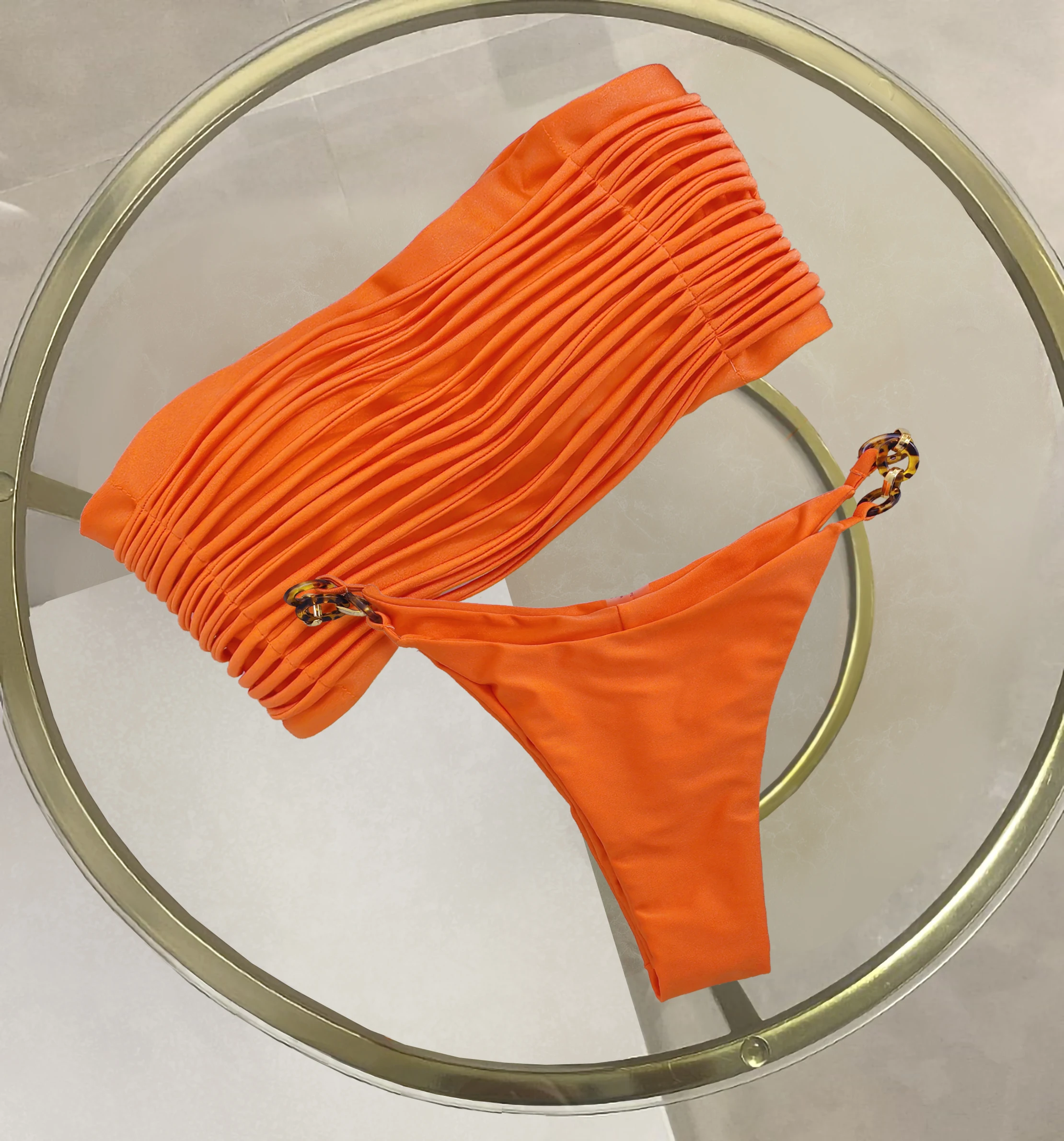 2025 New Sexy Orange Bikini Set With Pleated Design And Gold Rings