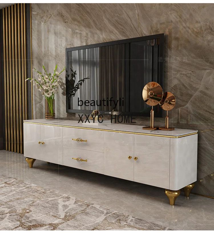 

Italian Marble TV Cabinet and Tea Table Combination Paint Suit Small Apartment Living Room Storage Floor Cabinet