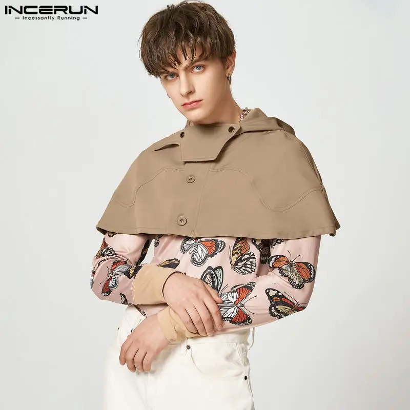 

INCERUN Men Trench Cloak Solid Color Button Sleeveless Hooded Casual Ponchos Streetwear 2023 Fashion Irregular Coats Cape S-5XL