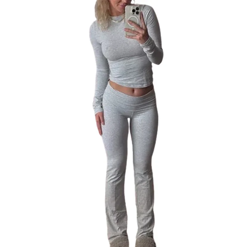 Solid Color Casual Stretch Tight Women Suits O Neck Slim Fit Short T-Shirt Flared Pants Female Vintage Two Piece Sets Streetwear
Solid Color Casual Stretch Tight Women Suits O Neck Slim Fit Short T-Shirt Flared Pants Female Vintage Two Piece Sets Streetwear