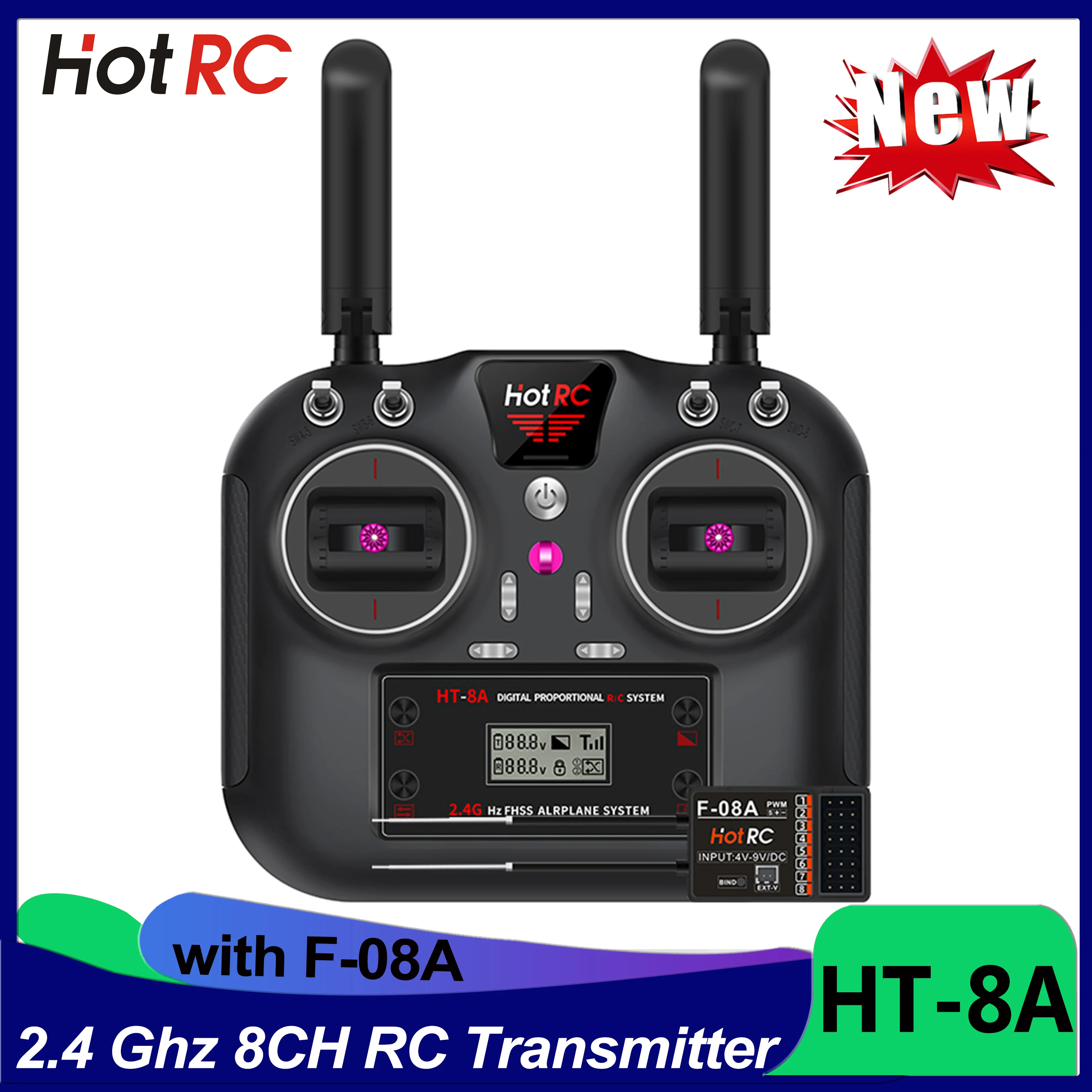 

HotRC HT-8A Remote Control 2.4G 8CH 4.5-9V PWM FHSS Transmitter with Receiver F-08A for RC FPV Drone Aircraft Car Ship Tank