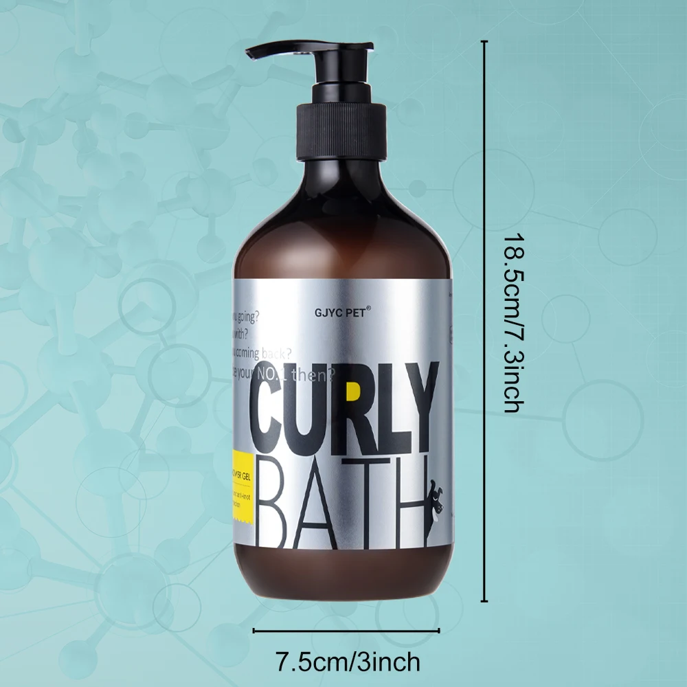 Dog Shampoo | Poodle Dog Shampoo A front-facing studio shot of a dark amber "Curly Bath" pump bottle against a light blue geometric background. Black lines indicate the product height is 18.5cm (7.3 inches) and the width is 7.5cm (3 inches).