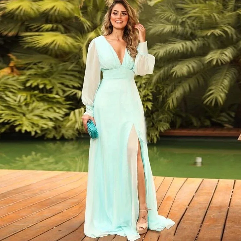 

Mint Green Prom Dresses 2024 V Neck Long Sleeve Side Split Chiffon Women Formal Evening Wedding Guest Party Party Gowns