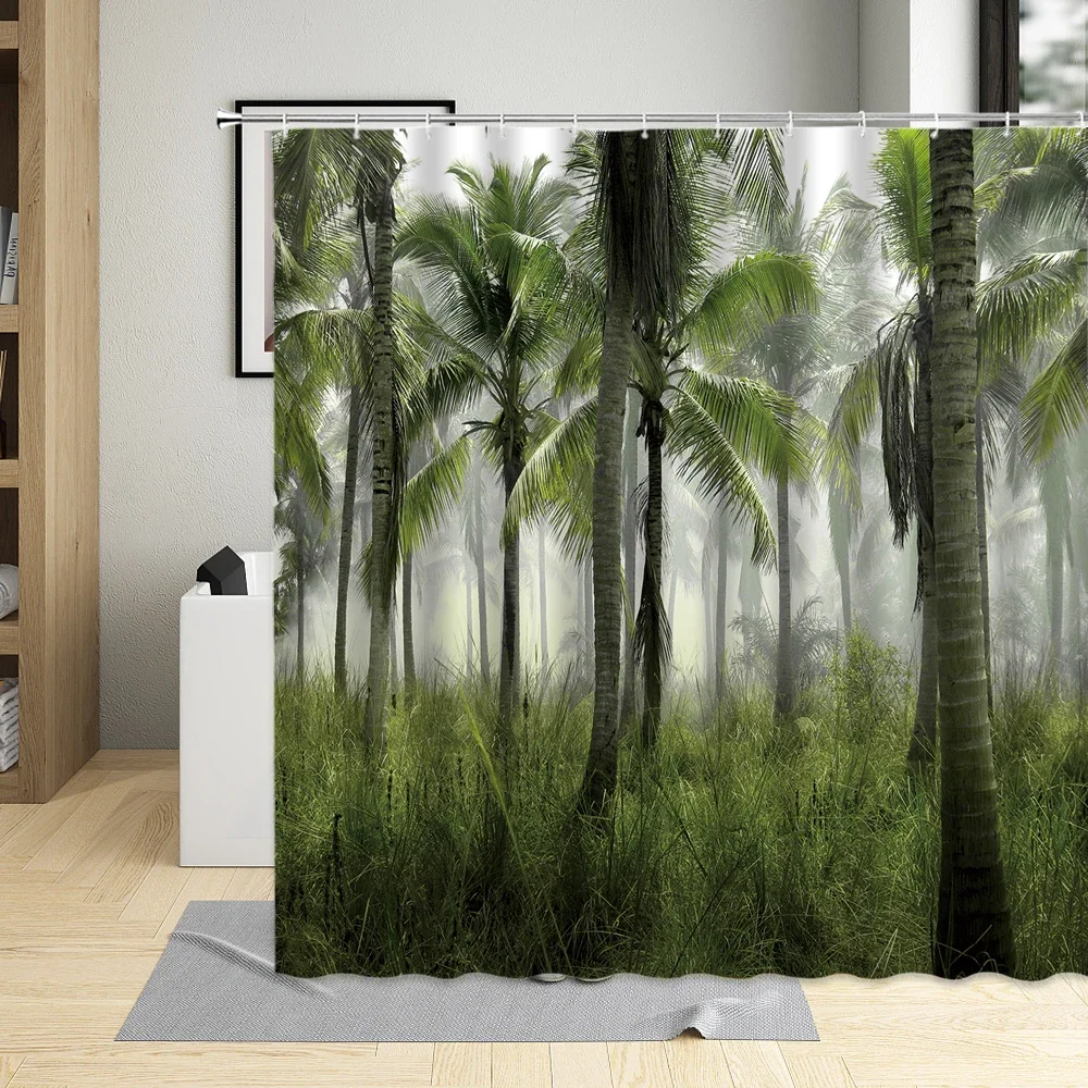 

Занавеска для ванной с зелеными растениями, водонепроницаемая шторка для пляжа и душа с кокосовым деревом, декоративный экран для ванны из полиэстера с крючками
