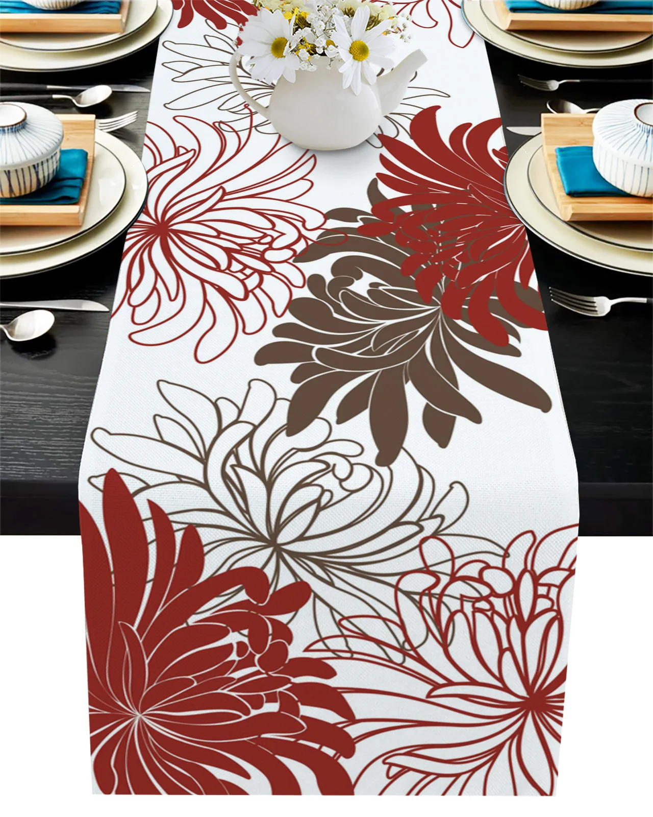 

Floral Red Chrysanthemum Linen Table Runners Kitchen Table Decoration Accessories Dining Table Runner Wedding Party Supplies