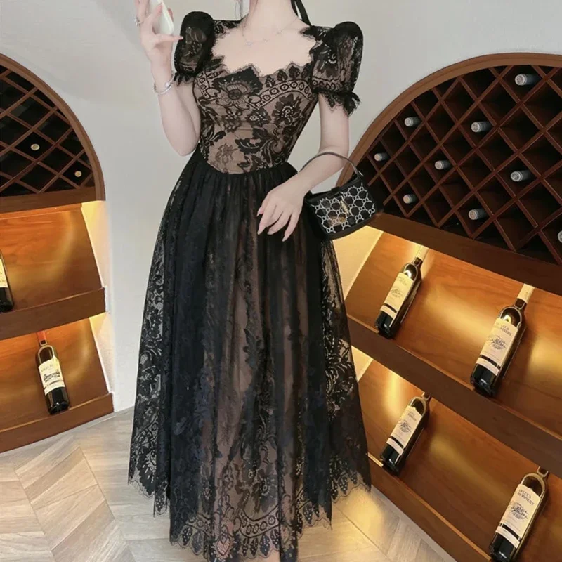 

Black Lace Dress Bodycon Square Neck Puff Sleeve Elegance Sexy Evening Party Dresses Women Clothing High Waisted Flower