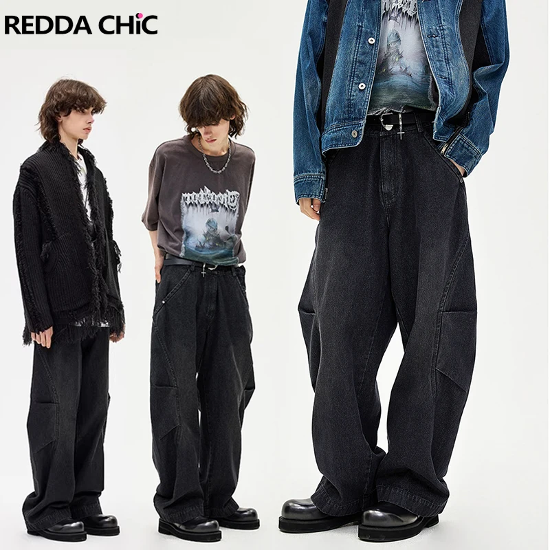 

ReddaChic Plus Size Pleated Patchwork Baggy Jeans Men Black Distressed Straight Wide Leg Casual Pants Grunge Y2k Punk Streetwear