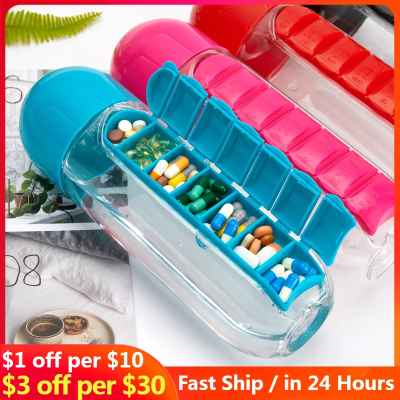 600Ml 7 Days Drug Organizer Water Bottle with Pillbox Plastic Drink Bottle with Medicine Pills Box Travel Drinking Container
600Ml 7 Days Drug Organizer Water Bottle with Pillbox Plastic Drink Bottle with Medicine Pills Box Travel Drinking Container
