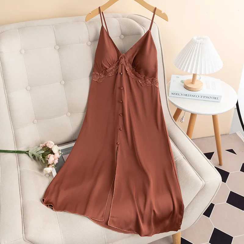 Women's Sleepwear Nightdress Sexy Slit Suspender Lace Buttons Decorated Nightgown Satin Casual Home Clothes Nightwear
Women's Sleepwear Nightdress Sexy Slit Suspender Lace Buttons Decorated Nightgown Satin Casual Home Clothes Nightwear