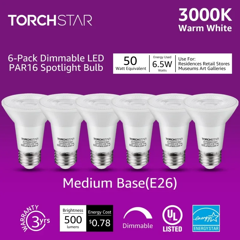 Диммируемые наружные/внутренние прожекторы Torchstar par20, 6,5 Вт = 50 Вт, E26 среднее основание, 3000K теплый белый, комплект из 6 шт.
Диммируемые наружные/внутренние прожекторы Torchstar par20, 6,5 Вт = 50 Вт, E26 среднее основание, 3000K теплый белый, комплект из 6 шт.