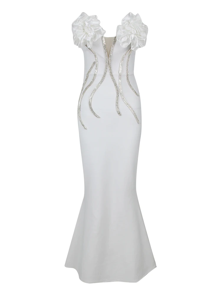 

Женское длинное вечернее платье-русалка, Белое Облегающее платье без бретелек с объемными цветами и кристаллами, коктейльное платье с бриллиантами для подиума