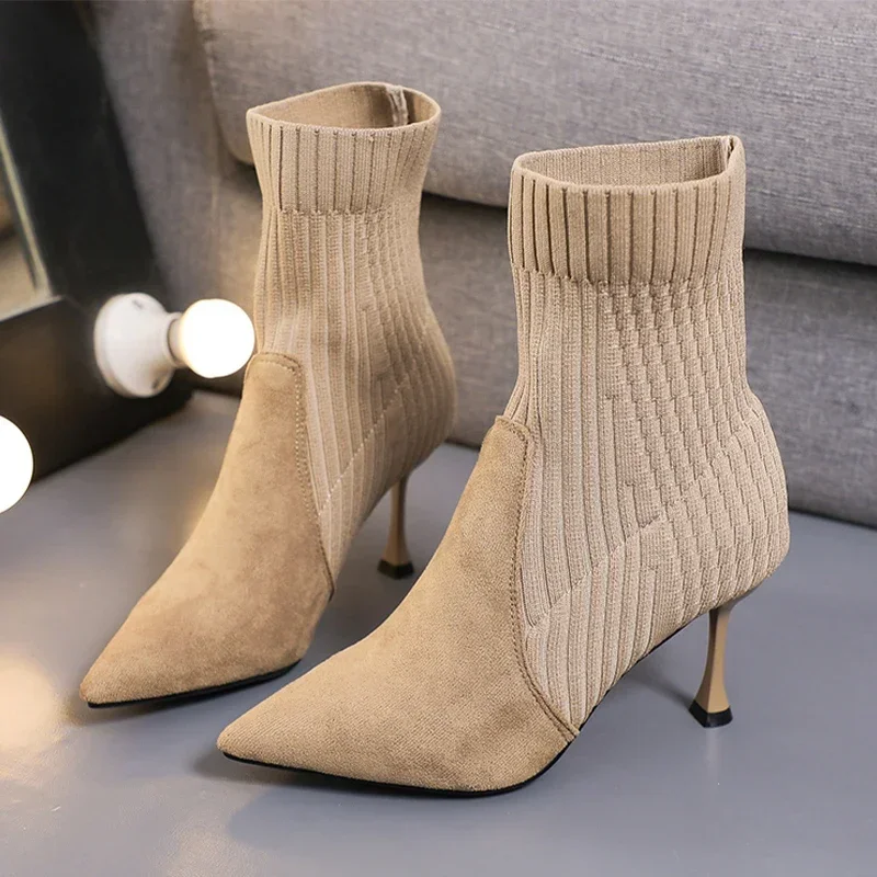 

Женские вязаные ботинки-носки до щиколотки с острым носком, Зимние Замшевые готические туфли-лодочки на высоком каблуке, модель 2024 года, модные элегантные привлекательные женские полусапожки