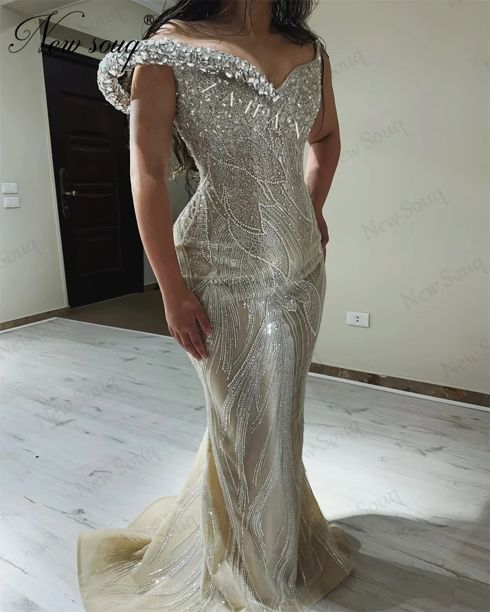 

Sliver Off Shoulder Evening Dresses Vestisdos De Noche Luxury Mermaid Beading Prom Dress Kaftans Dubai Engagement Party Gowns