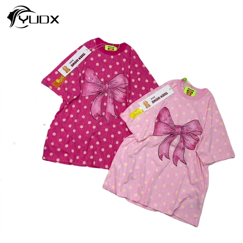 

YUDX Original New Summer Women Loose Tshirts Age Reduction Cute Bow Prining O-neck Pullover Top Pink Polka Dot Short Sleeve Tees