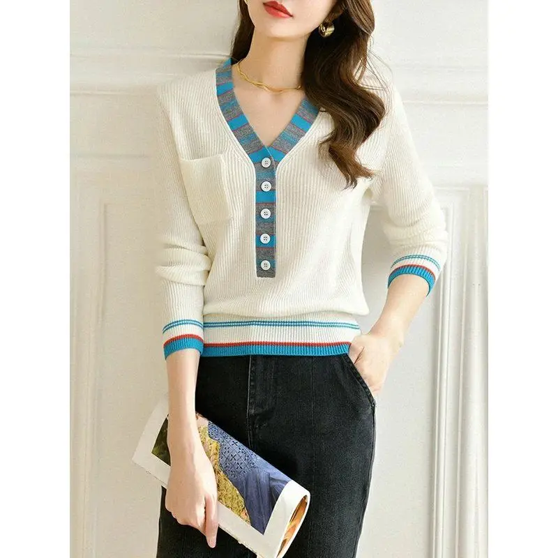 2023 Women Spring Autumn New V-neck Sweater Tops Female Patchwork Loose Pullover Tops Ladies Long Sleeve Knitted Tops S86
2023 Women Spring Autumn New V-neck Sweater Tops Female Patchwork Loose Pullover Tops Ladies Long Sleeve Knitted Tops S86