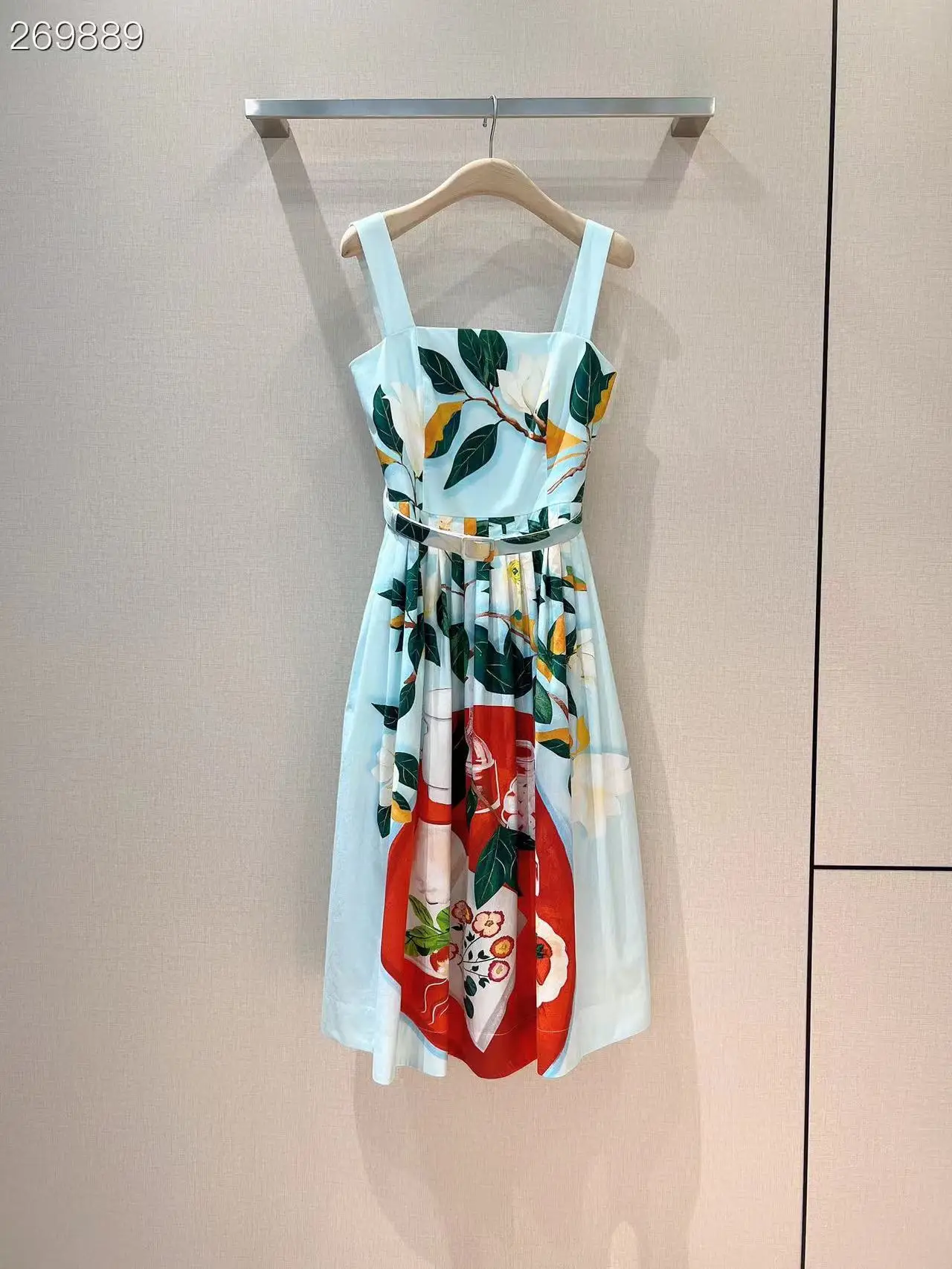 

Fyion 2022 Summer Runway Spaghetti Strap Dresses Women Designer Belt Sleeveless Floral Print Holiday Party Midi Dress