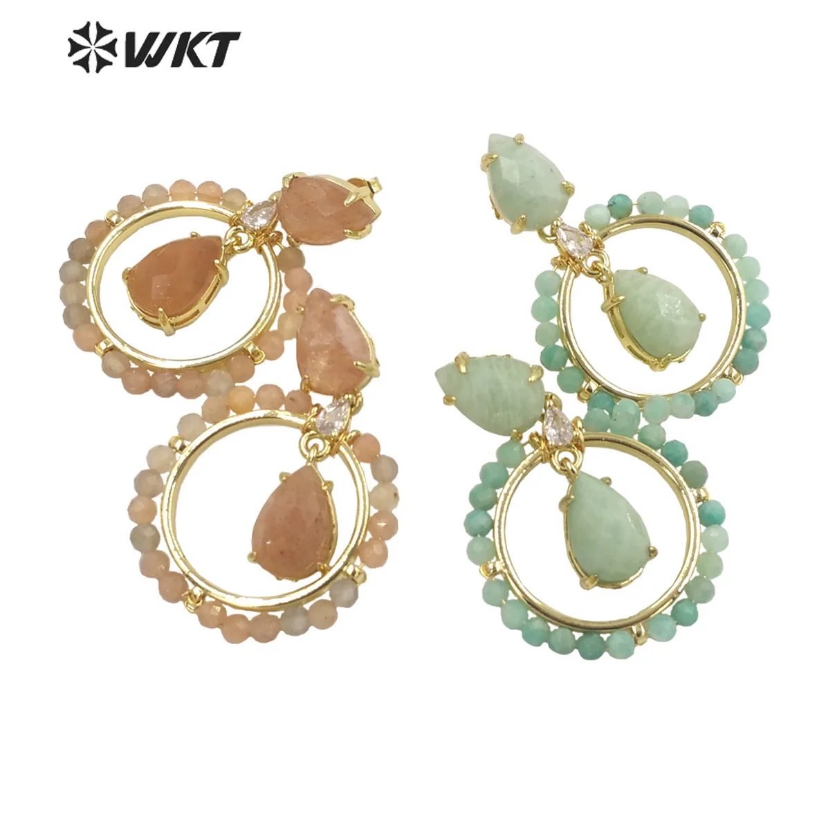 

WT-E714 WKT newest Summer design Gorgeous multi Natural Gemstone Big Hoop Earrings 18k gold plated lead free Amazonite stone ear