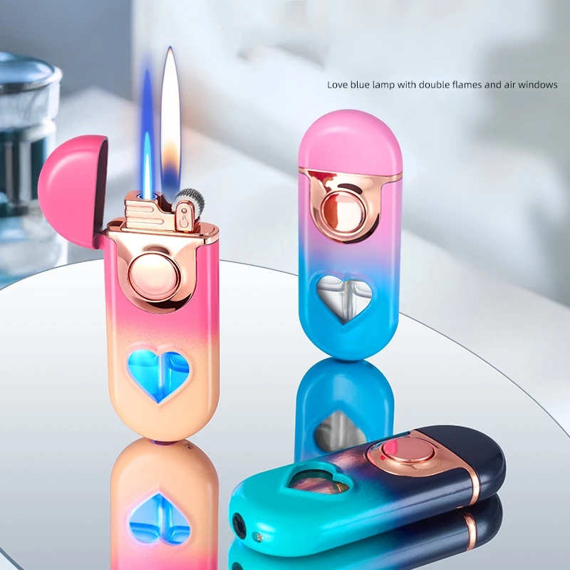 

Gradient Color Direct Blue Flame And Open Flame Double Fire Switch Lighters At Will, Perspective Love Window Design, Outdoor