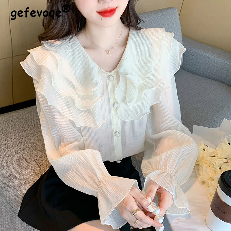 

Korean Sweet Chic Elegant Fashion Office Lady Chiffon White Blouse Spring Women Casual Loose Pullover Ruffles Shirts Femme Tops