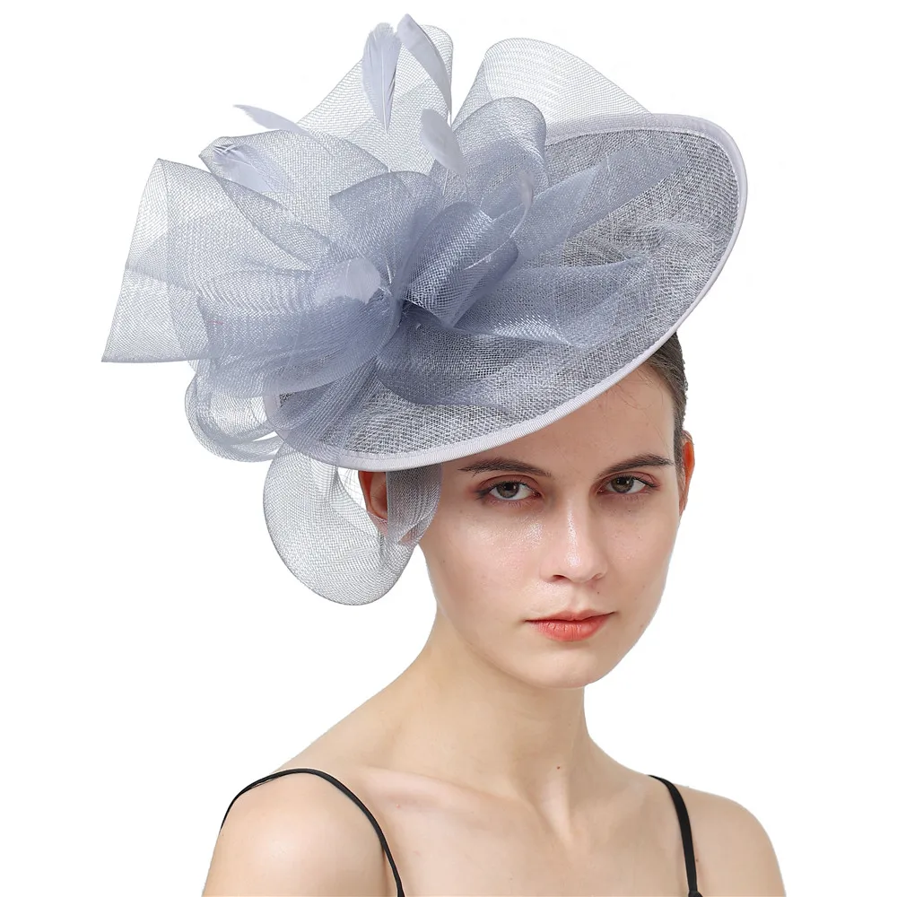 

Grey Formal Cocktail Fedoras Fascinators Hat White Floral Event Mesh Flower Derby Accessory Headbands Chuch Headpiece Headwear