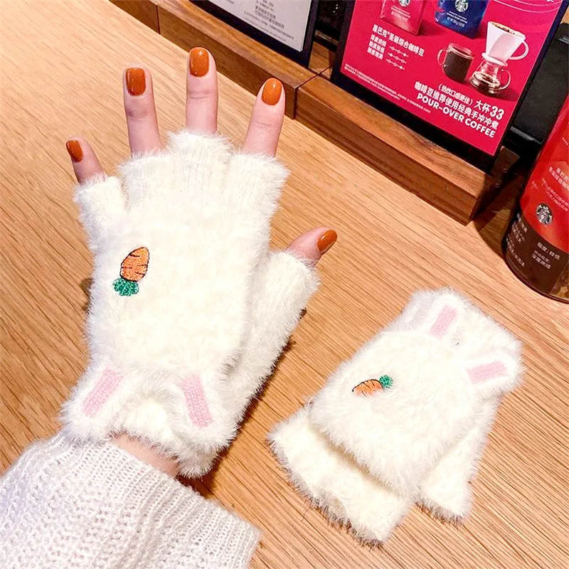 

Winter Gloves Cute Soft Girl Carrot Rabbit Ears Plush Flip Fingerless Gloves Thicken Knitted Cycling Warm Mitten For Women Gift
