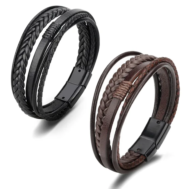 bracelet homme luxe Bracelets en cuir multicouches pour hommes et , bijoux en acier inoxydable, corde tressée, tendance 2