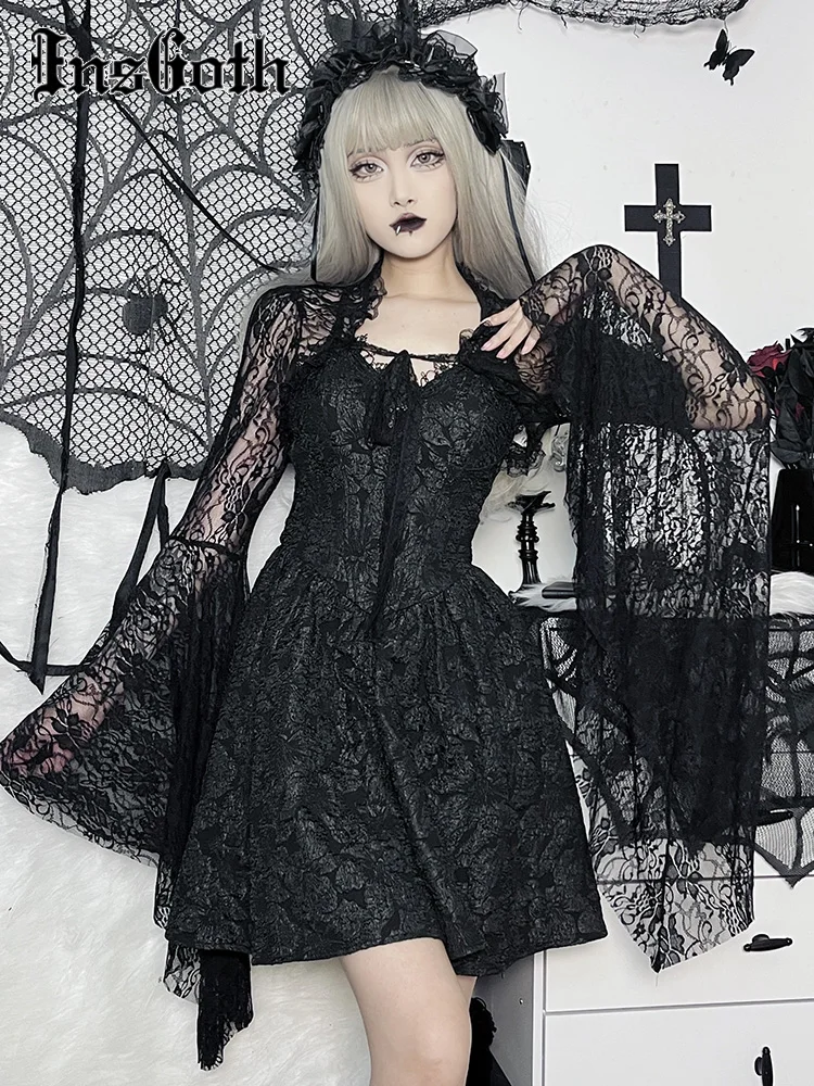 

InsGoth Gothic lace Bell Sleeve Cardigan T-shirt Women Flare Sleeve See Through Sexy Smock Top Elegant Aesthetic Cropped Tops