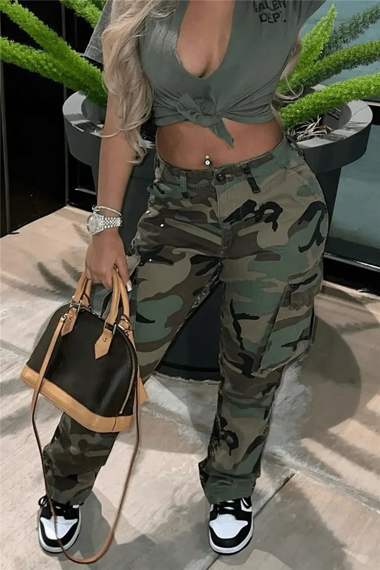 

Camo Print Side Pocket Cargo Pant Camouflage Low-Waist Zipper Fly Full Print Stretchy Women Trousers Camo Print Casual Pants