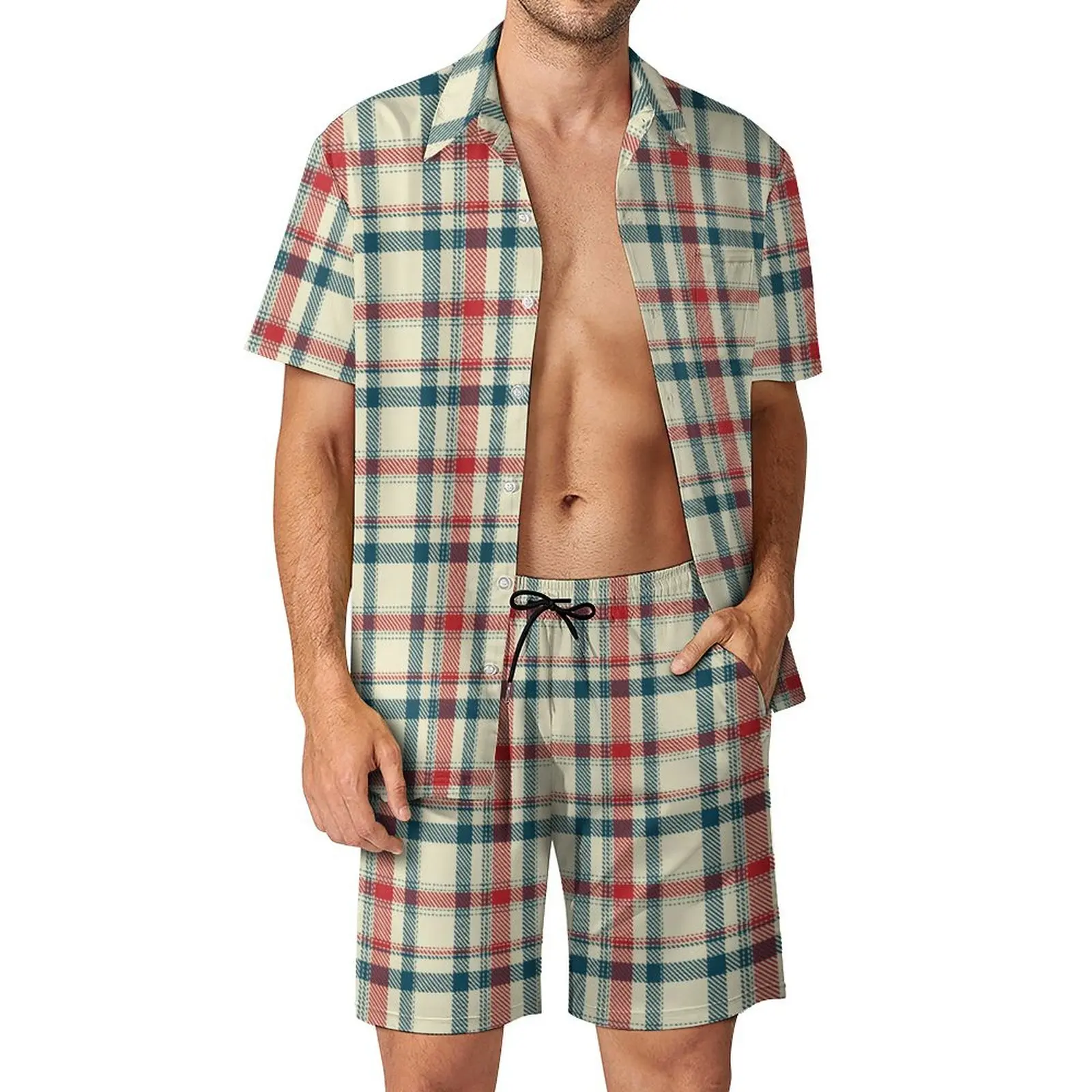 

Vintage Plaid Men Sets Green And Red Check Casual Shirt Set Novelty Beach Shorts Summer Design Suit Two-piece Clothing Plus Size