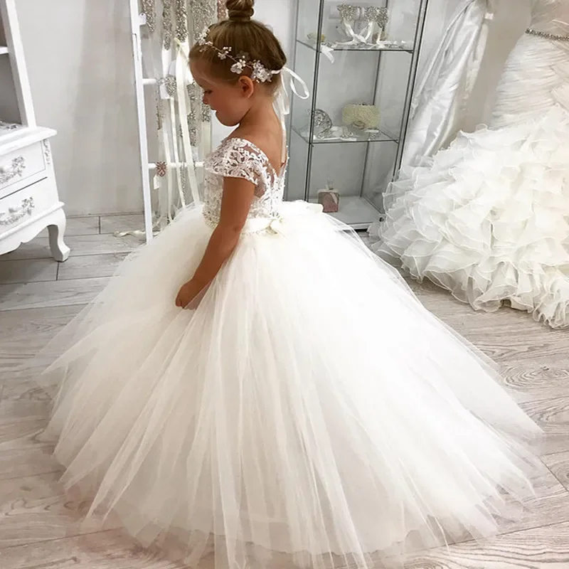 

Holy Princess Flower Girl Dresses Ball Gown Lace Sleeveless Tulle Long Pageant Wedding First Communion Dresses for Girls