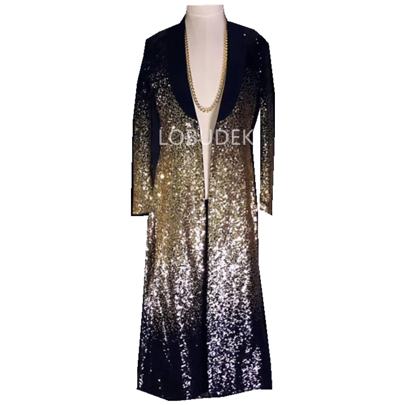 

Gold Sequins Long Coat Fashion Slim Trench Coats Nightclub Bar Male Singer Host Stage Wear Outerwear Concert Costumes party