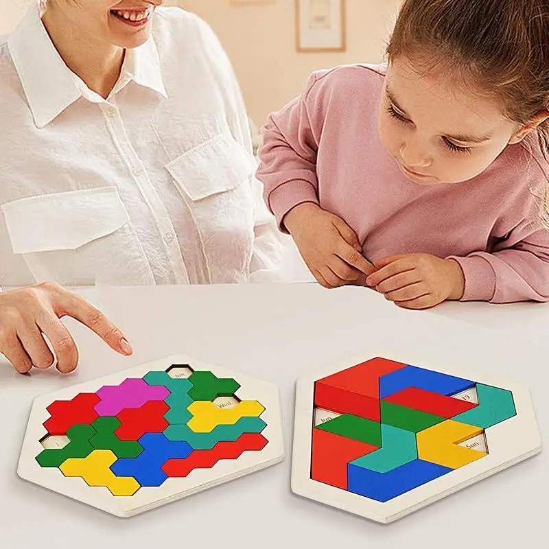 

Wooden Hexagon Puzzle Tangram Brain Teaser Toy Tangram Geometry Logic Game Honeycomb Block Educational Toys For All Ages