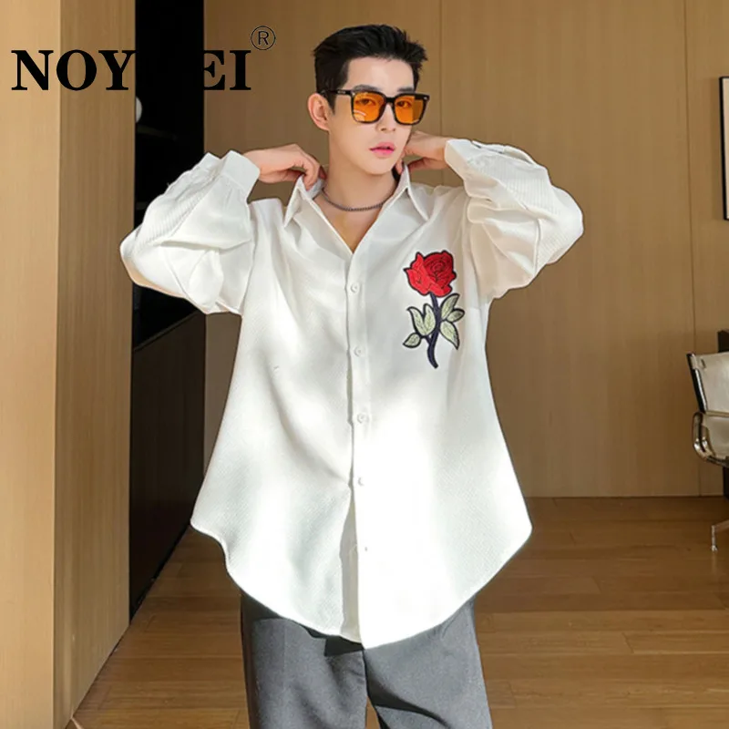

NOYMEI Single Breasted Niche Design Embroidered Loose Casual Long Sleeved Shirt Rose Pattern 2024 Spring Men's Chic Top WA87
