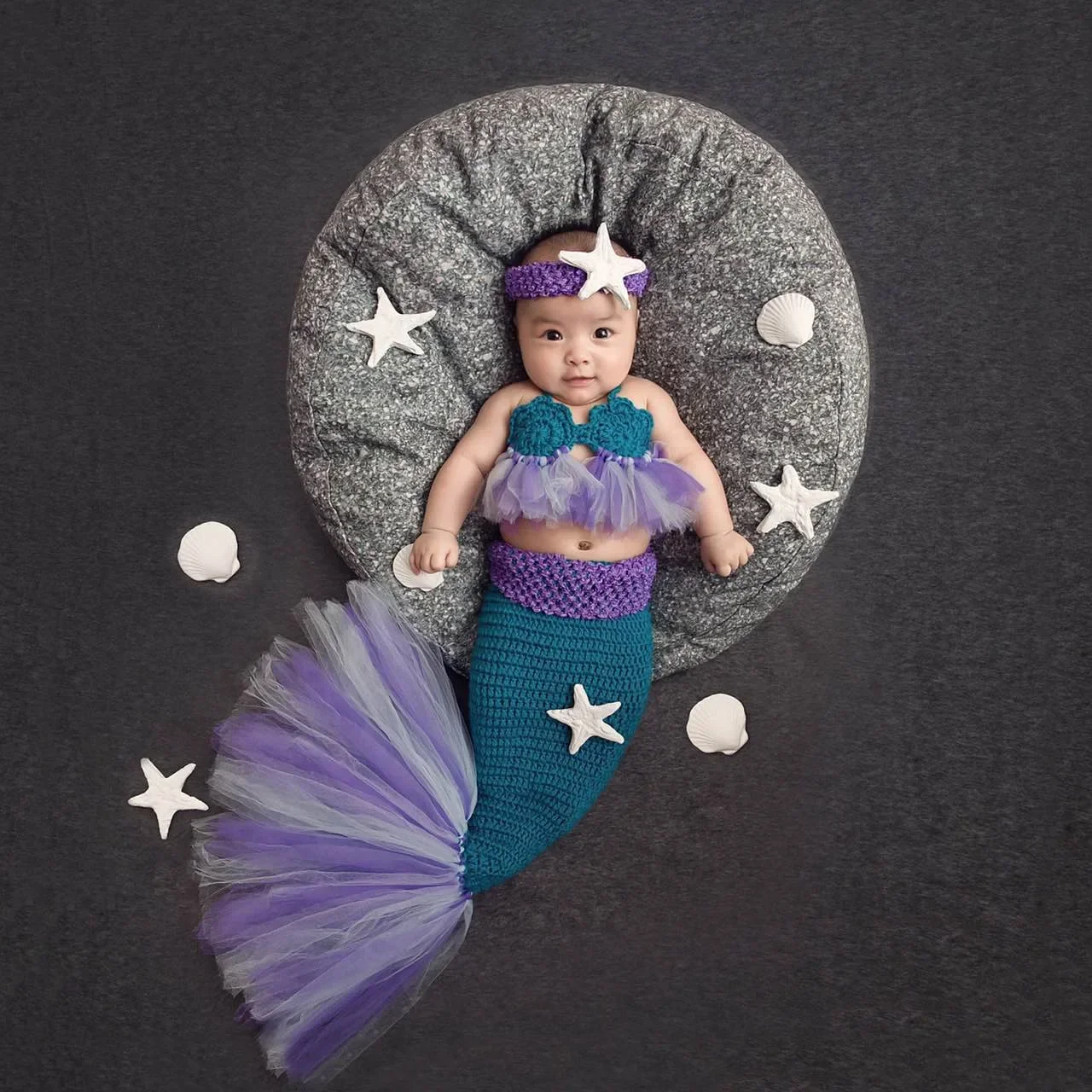 

Костюм Русалки для новорожденных, трикотажный фиолетовый костюм с юбкой годе, реквизит для фотосъемки