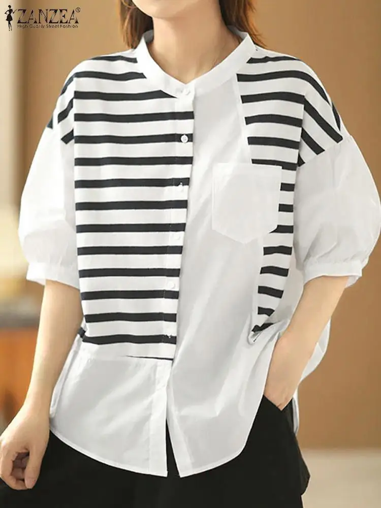 

Женская рубашка ZANZEA в стиле пэчворк, элегантная Рабочая блузка, модная блузка в полоску с круглым вырезом, осенняя туника с рукавом 3/4, топы, женские блузы на пуговицах