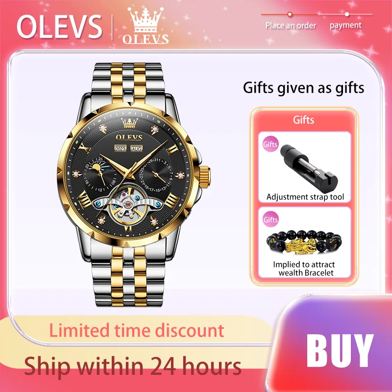 

OLEVS Top Original Brand New Men's Watches Moon Phase Automatic Mechanical Watch Luminous Waterproof Date Dress Male Wristwatch