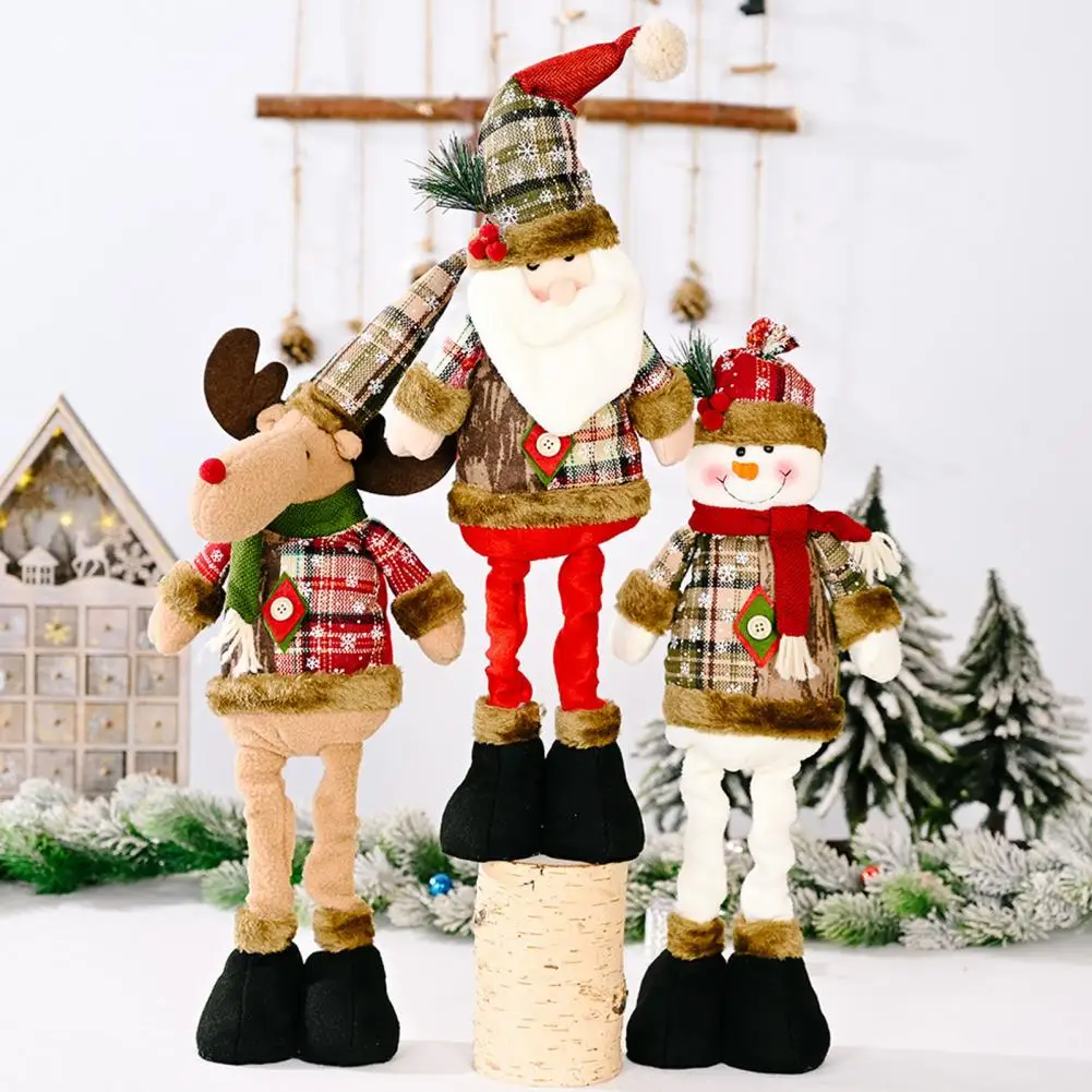 

Santa Claus Doll Snowflake Plaid Cloth Christmas Doll Figurine Decor Telescopic Legs Santa Claus Snowman Reindeer for Home