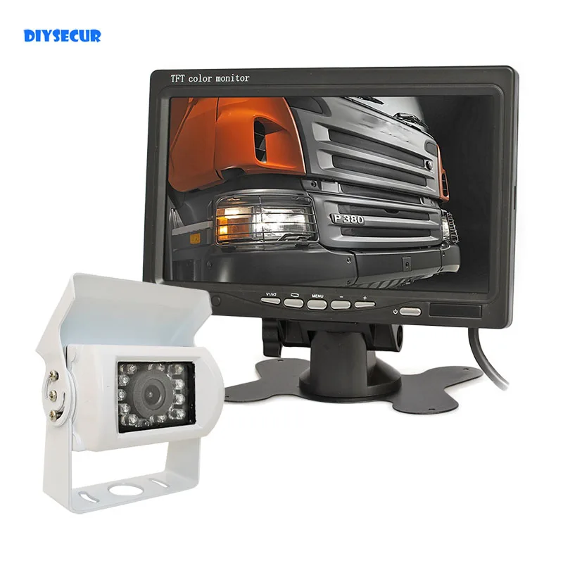 

Автомобильный монитор DIYSECUR, 12-24 В постоянного тока, 7-дюймовый TFT ЖК-дисплей, белый, 4-контактный ИК-датчик ночного видения, CCD-камера заднего вида для автобуса, дома, грузовика