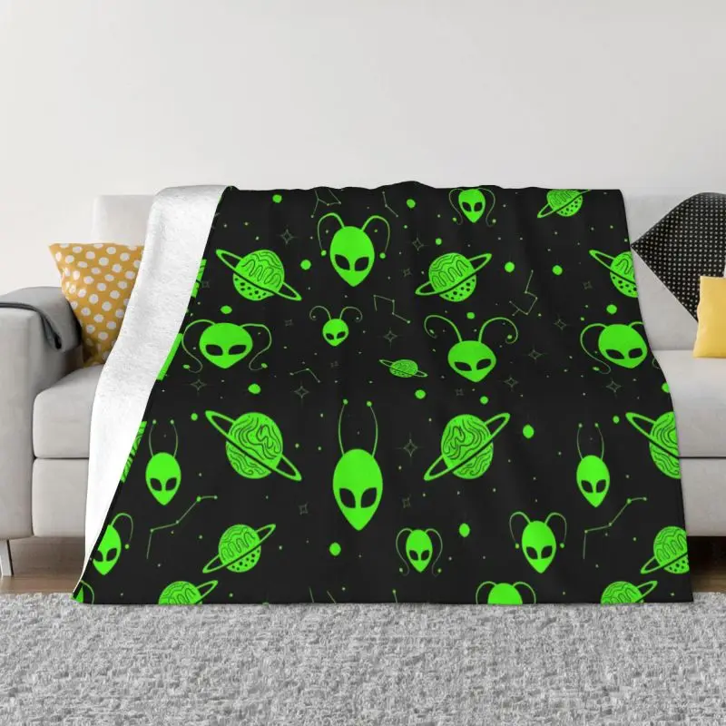 

Wonderful Green Alien Universe Wondrous Cosmos With Planet And Stars Throw Blanket Flannel Blankets Couch Bedspreads 1