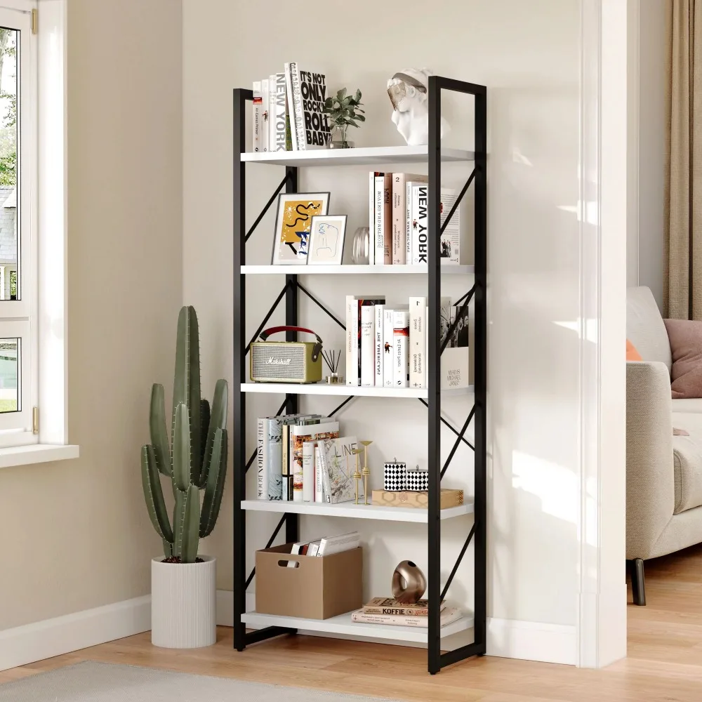 

5-Tier Bookshelf Sturdy Wood Storage Bookcase Shelves With Metal Frame Plant Display For Living Room Office, White