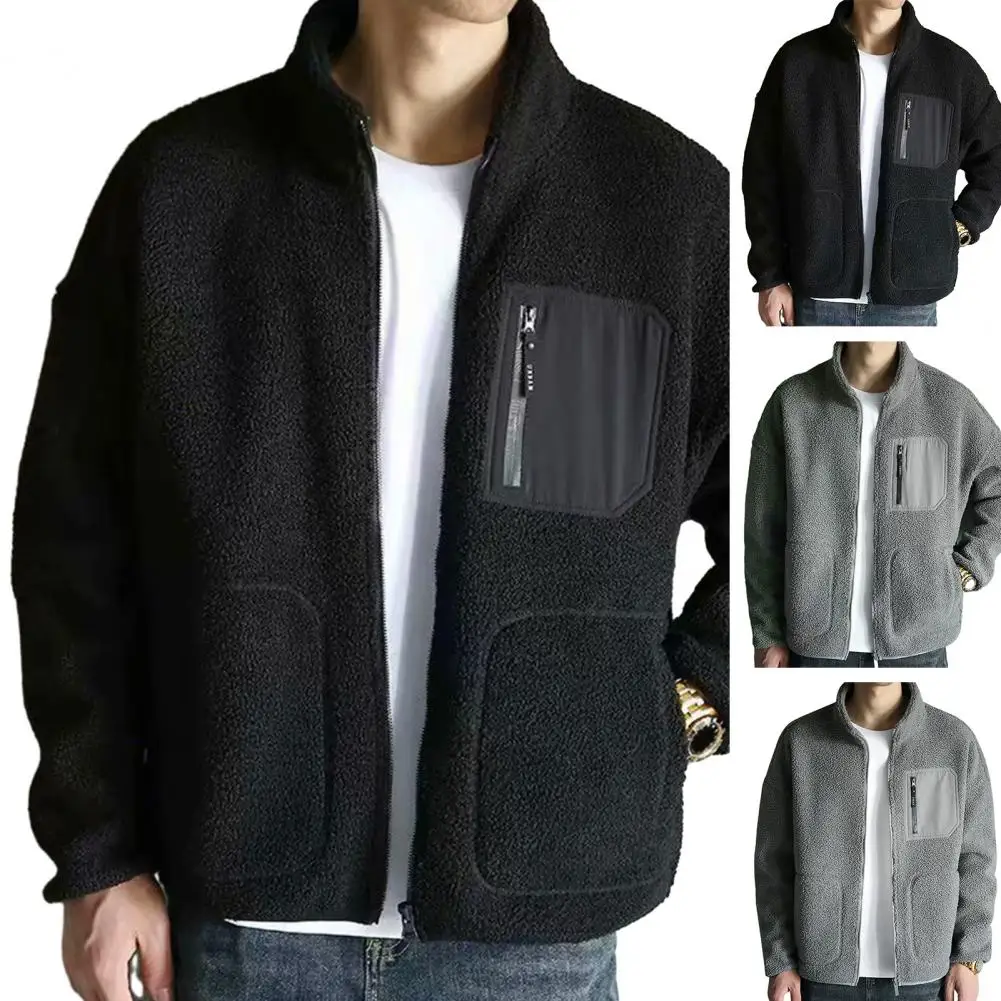 

Теплая осенне-зимняя мужская куртка из искусственной овечьей шерсти, теплая верхняя одежда с воротником-стойкой и флисовой подкладкой, куртка на молнии для осени