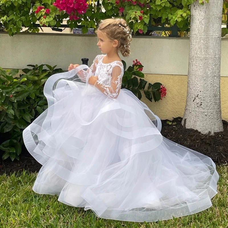 

Flower Girl Dresses White Tulle Puffy Tiered Appliques Sequin Long Sleeve For Wedding Birthday First Communion Gowns