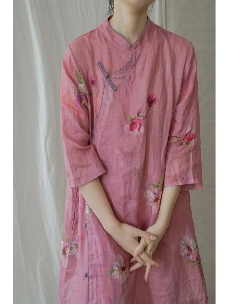 

New Chinese Style Gentle Improved Hanfu Skirt Art Ramie Printed Cheongsam Zen Dress Women Qipao China Traditional Clothing