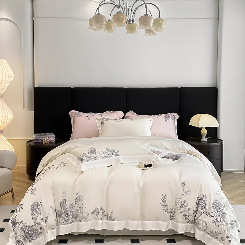 American Style Luxury Leopard Flowers Embroidery Natural Lyocell Fibre Soft Silky Bedding Duvet Cover Set Bed Sheet Pillowcases
American Style Luxury Leopard Flowers Embroidery Natural Lyocell Fibre Soft Silky Bedding Duvet Cover Set Bed Sheet Pillowcases